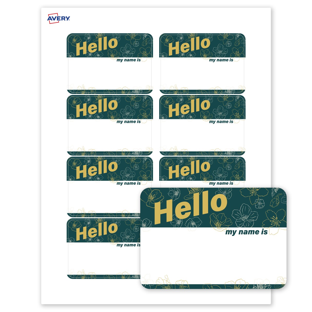 Avery Printable Adhesive Name Tags, 2-1/3" x 3-3/8", Pre-printed Teal Floral & Metallic Gold Hello My Name Is Design, 80 Total